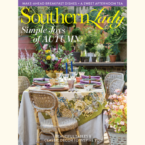 Cover of Southern Lady magazine featuring an outdoor autumn table setting with a floral centerpiece and greenery in a garden.