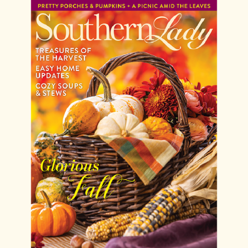 Southern Lady magazine cover with a wicker harvest basket, pumpkins, corn, and autumn flowers; text includes 'Glorious Fall' and 'Treasures of the Harvest'