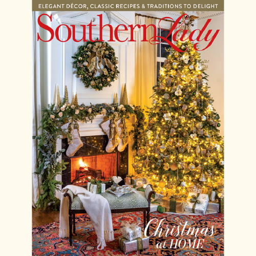 Southern Lady magazine cover showing a festively decorated living room with a lit Christmas tree, stockings by the fireplace, garlands, and wrapped gifts.