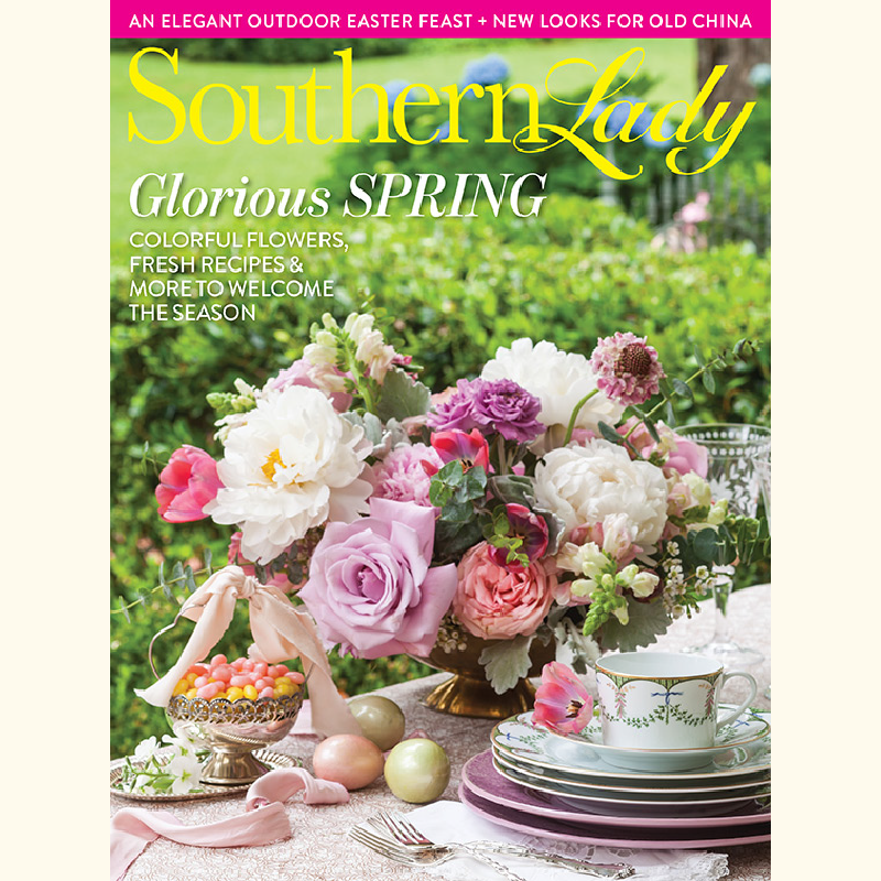 Magazine cover for Southern Lady: Glorious Spring, a lush pink-and-white flower centerpiece on a pastel table with china and place settings