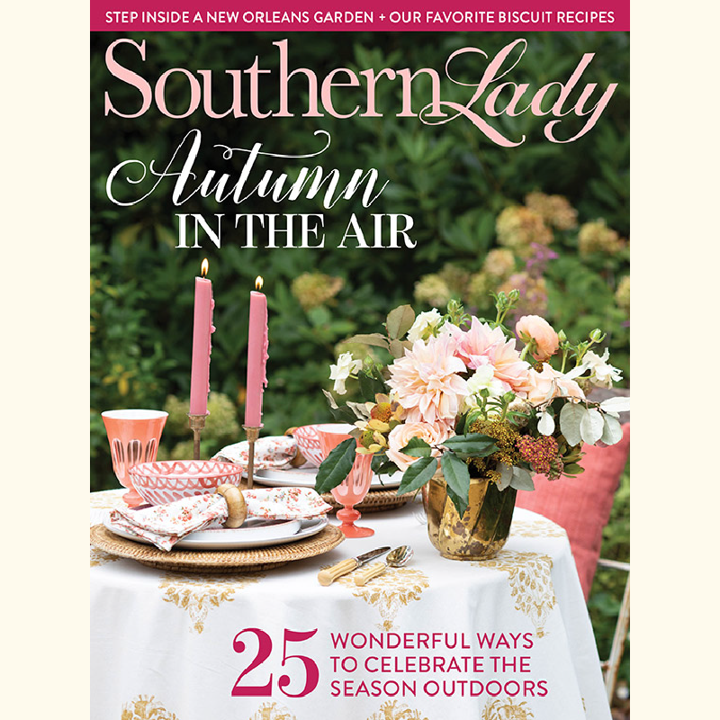 Southern Lady magazine cover: autumn outdoor table setting with pink candles, floral centerpiece, and 25 wonderful ways to celebrate the season outdoors