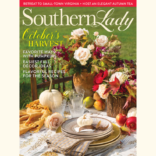 Southern Lady magazine cover showing a fall harvest table with flowers, pumpkins, and layered plates, featuring the headline 'October's Harvest' and autumn decor.