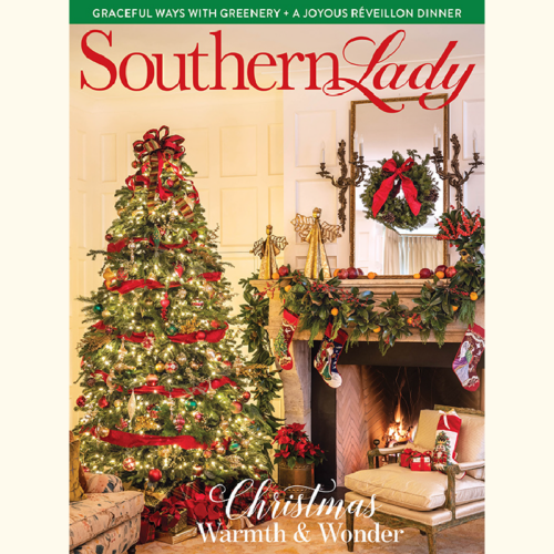 Magazine cover for Southern Lady featuring a festively decorated living room with a lit Christmas tree, garlands, stockings, and a lit fireplace; headline reads "Christmas Warmth & Wonder".