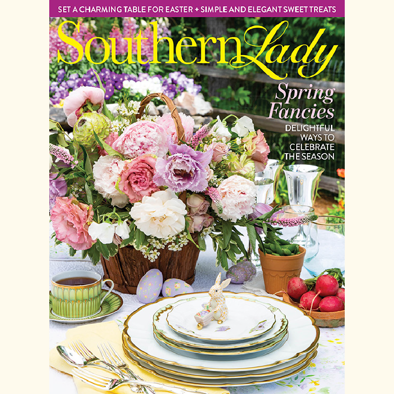 Cover of Southern Lady magazine featuring a lush spring bouquet and elegant table setting with pastel dishes and Easter decor.