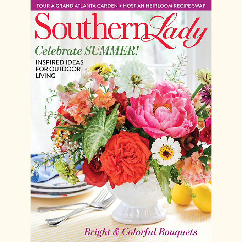 Southern Lady magazine cover with a bright bouquet of pink, red, and white flowers in a white vase on a yellow table