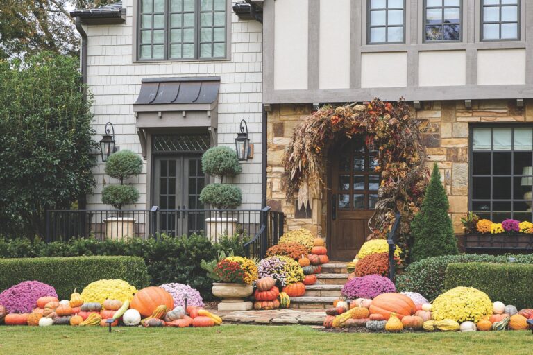 A Tudor-style home decorated for fall with rows of purple, yellow, and orange mums and pumpkins lining the front lawn and steps.